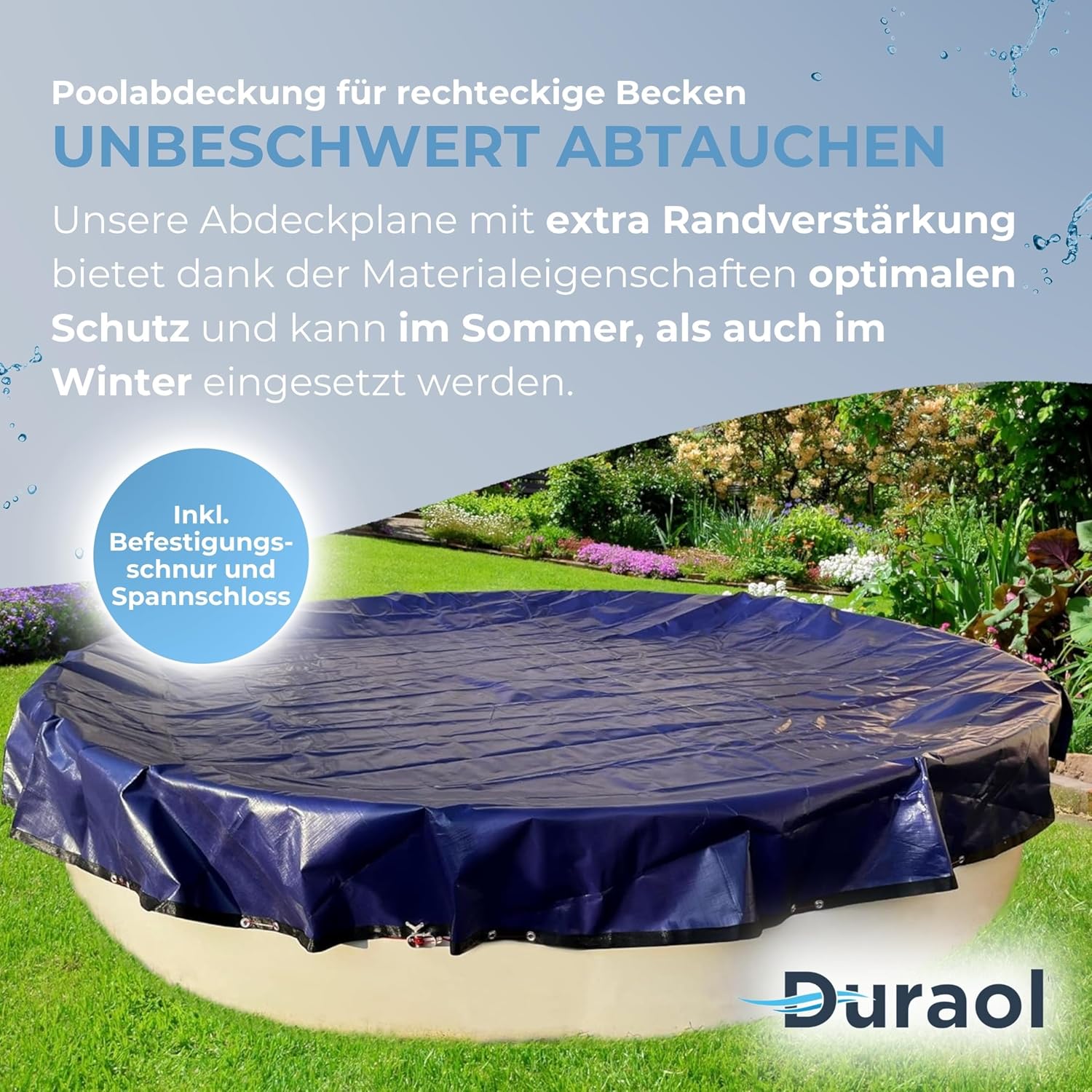 Duraol Poolabdeckung rechteckig I 8,00 x 4,00 m I Hochwertige Poolplane rechteckig mit Materialstärke 300g/m² I Robuste Schwimmbad Abdeckung mit Randverstärkung I Beidseitig beschichtet & wasserdicht