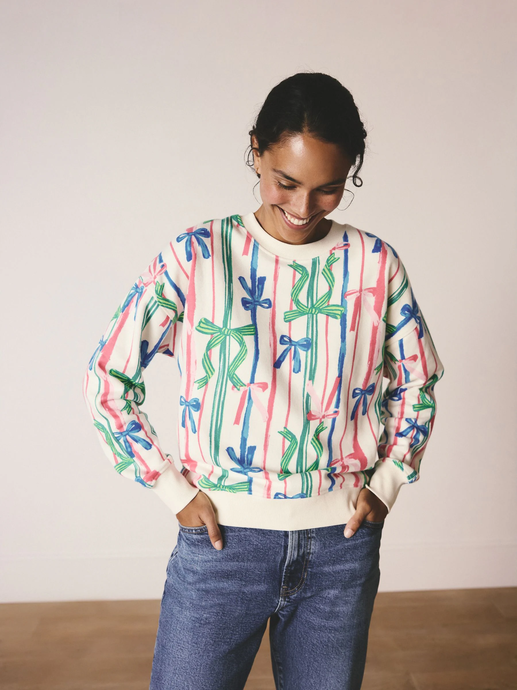 Ecru - Bow Print Matching Family Christmas Sweatshirt