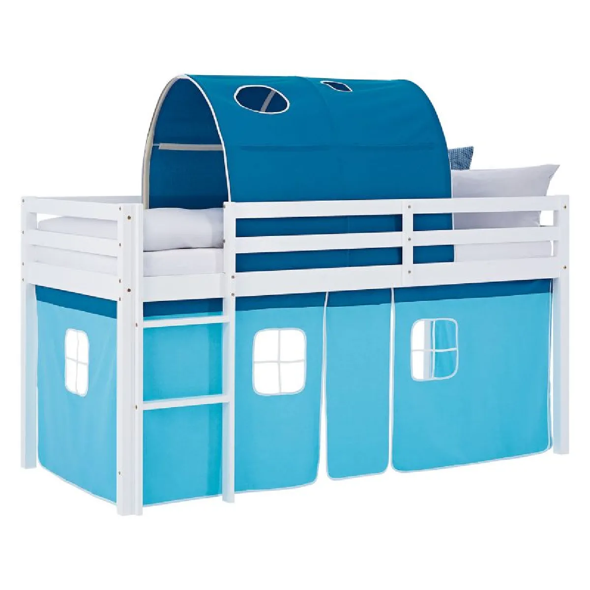 Homestyle4U Lit mi-hauteur 90x200 cm matelas rideau tunnel bleu