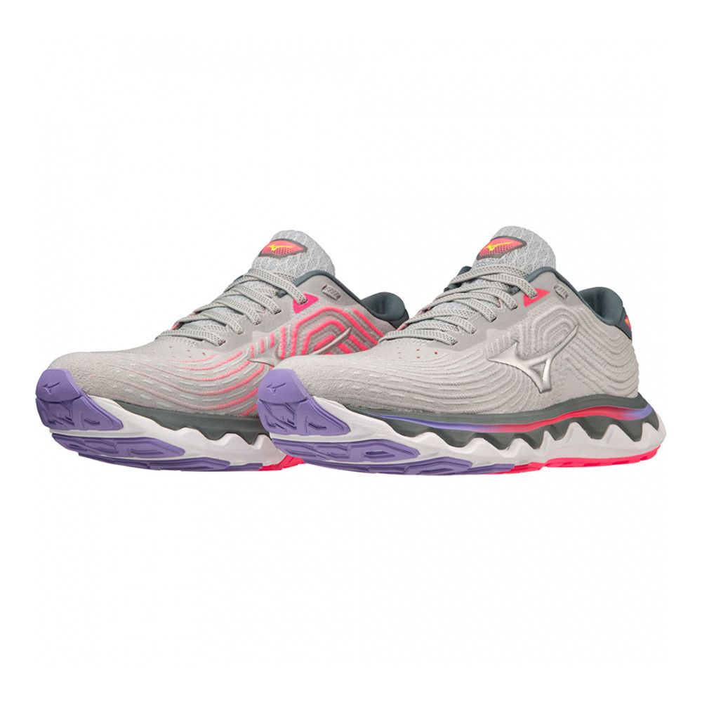 Mizuno WAVE HORIZON 6 - Chaussures running Femme pearl blue/silver/high-vis pink