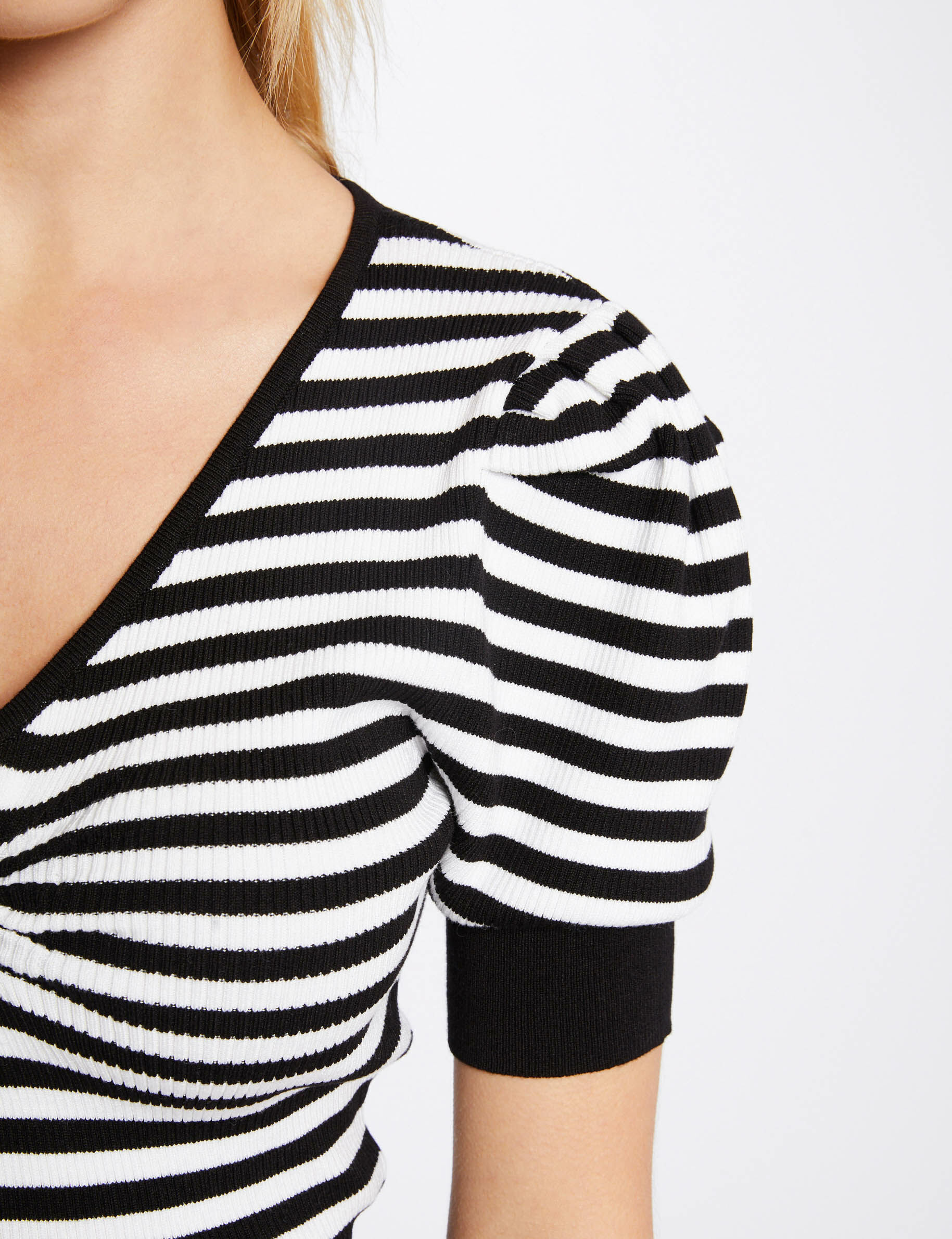 Pull manches courtes à rayures noir femme - noir