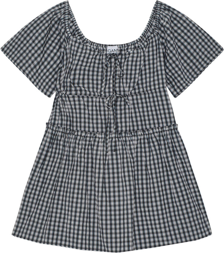Ganni Seersucker Check Mini Layer Dress Egret