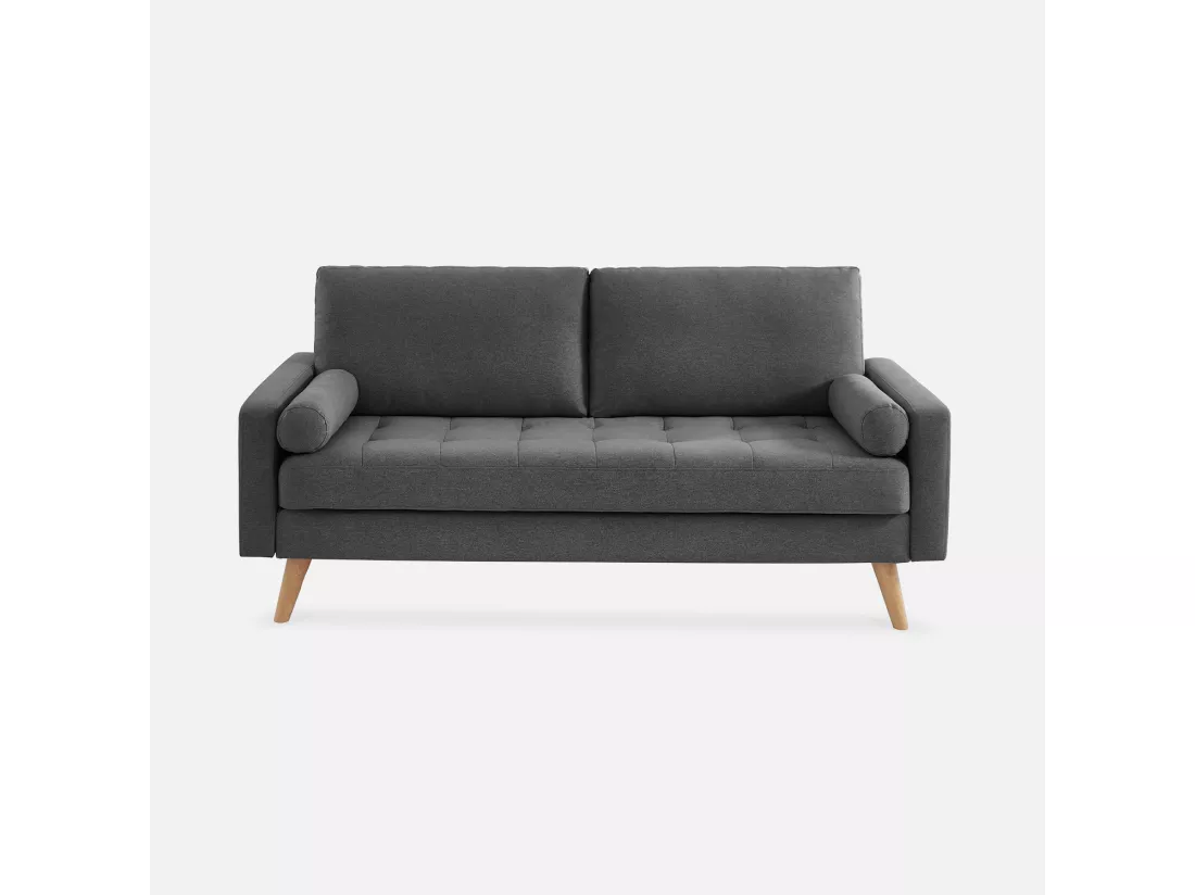 Canapé en tissu gris foncé. 3 places scandinave fixe. droit. pieds bois
