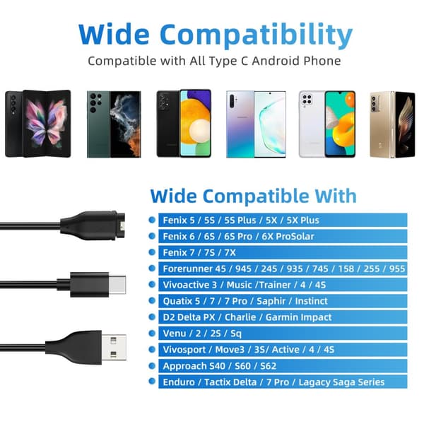 INF Llader for USB-C mobiltelefon og sportsklokke Sort Garmin Fenix, Forerunner, Vivoactive etc. 1.2 m