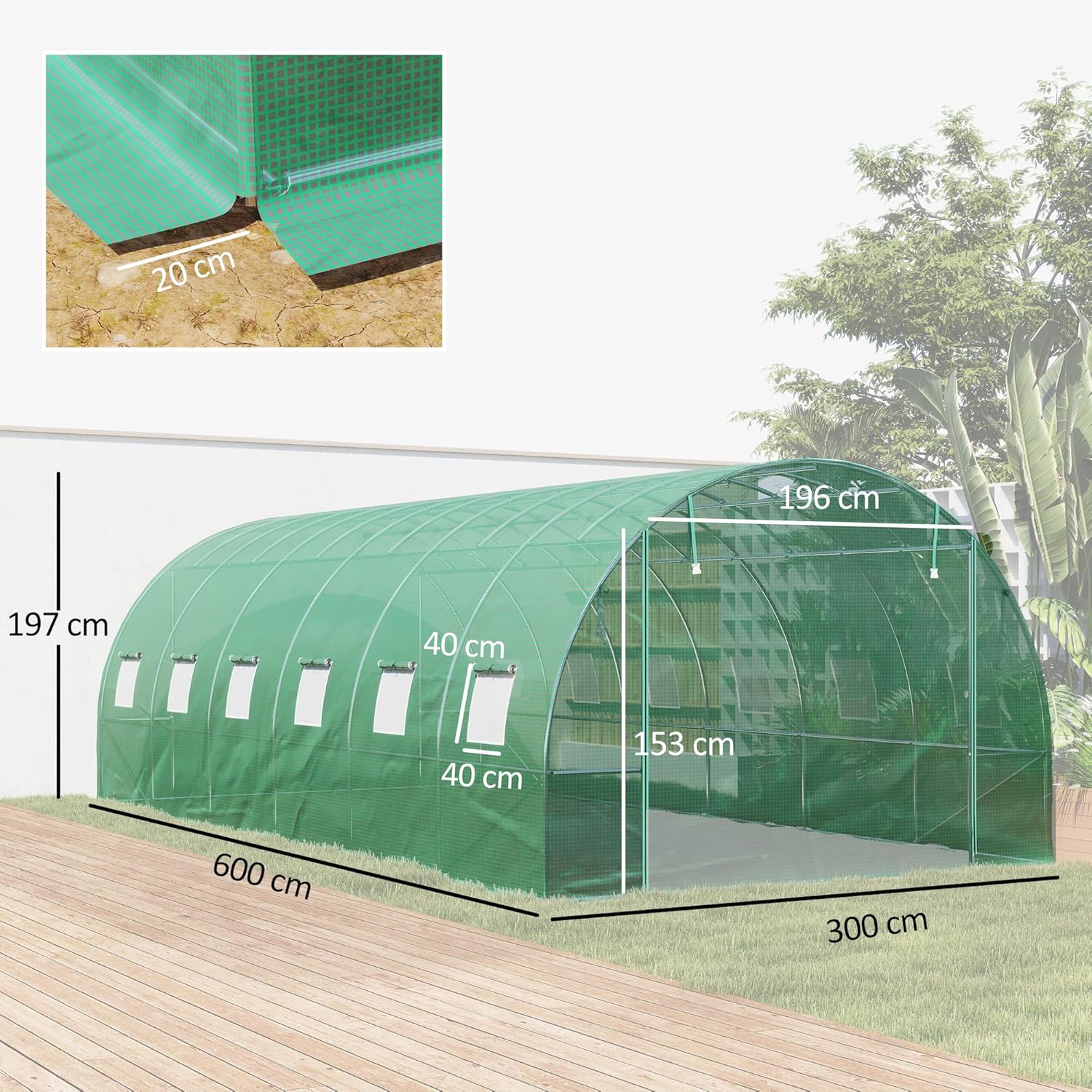 Outsunny Gewächshaus 300x600x200cm Foliengewächshaus Tomatenhaus mit Tür, 12 Fenster, Folientunnel aus verzinktem Stahl, 170g/m² PE, stabiles pflanztunnel, Treibhaus inkl. Erdanker & Seilen, Grün