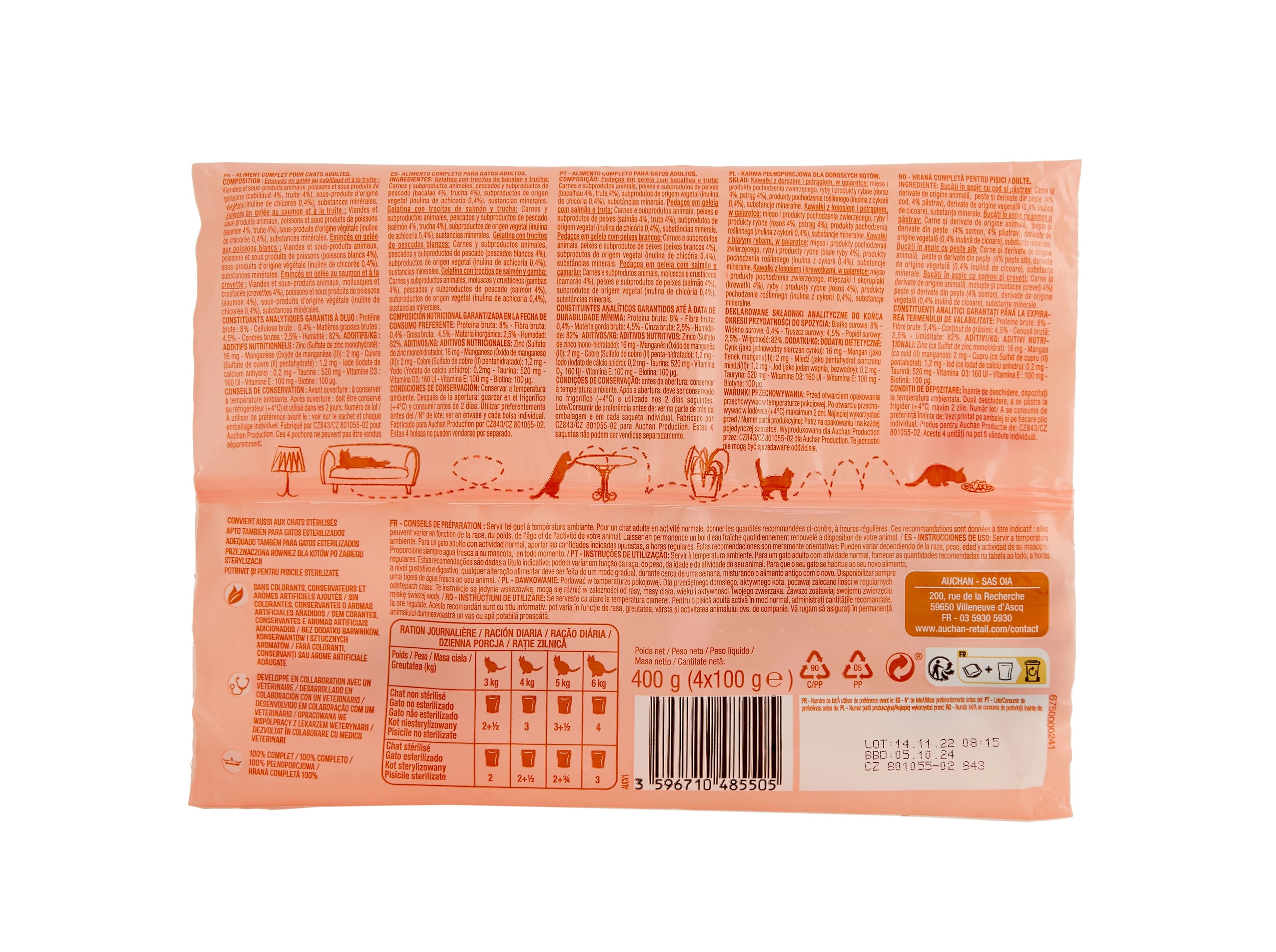 COMIDA HÚMIDA PARA GATO AUCHAN SAQUETAS PEDAÇOS EM GELEIA PEIXE 4X100G
