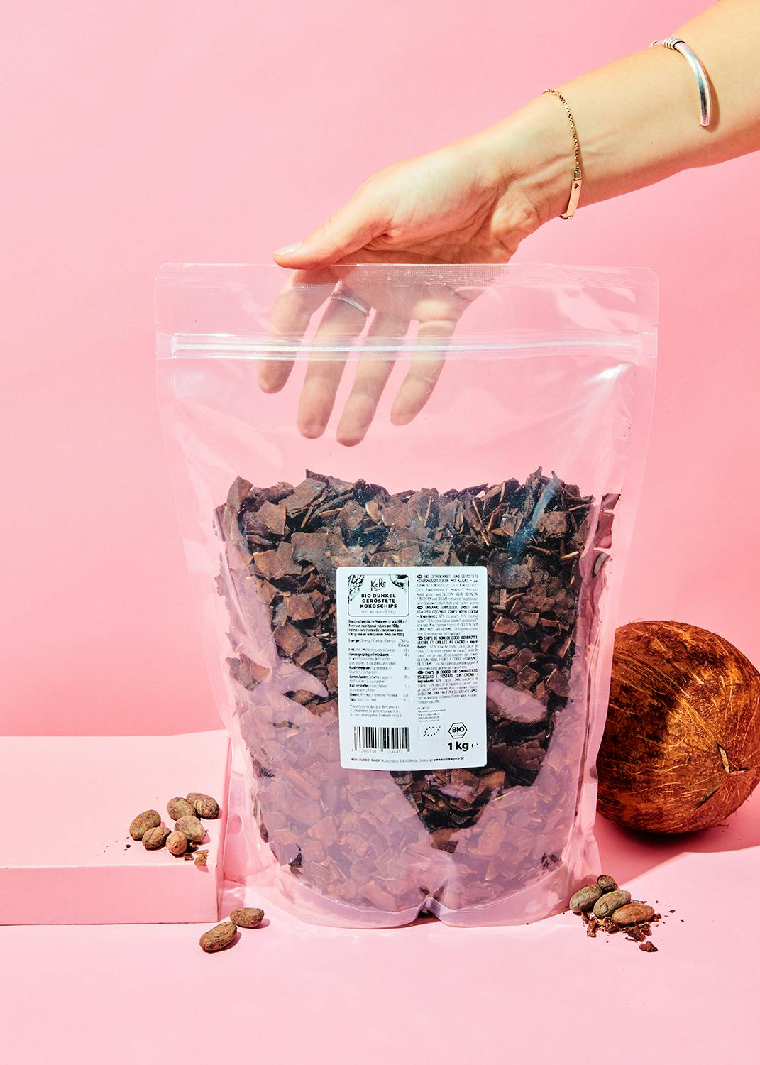 Dunkel geröstete Bio Kokoschips mit Kakao 1 kg