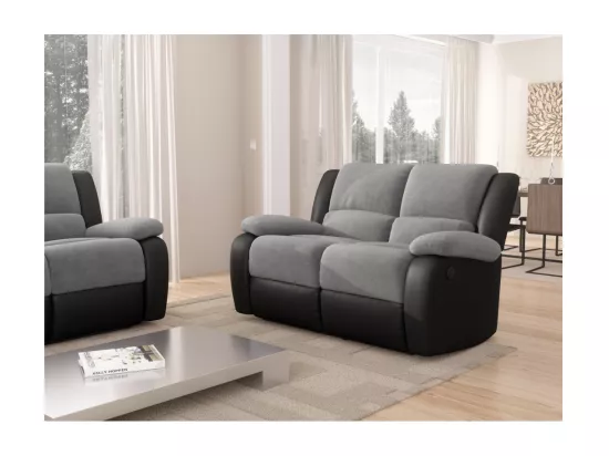 Canapé de Relaxation électrique 2 places Microfibre et Simili Léo - Gris et Noir - L143 x 93 x 96cm - Loungitude