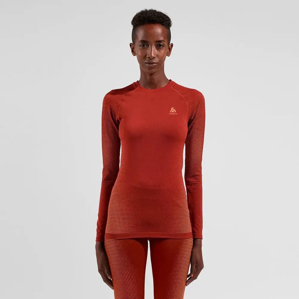 Odlo Performance Warm Eco Crew Thermoshirt Lange Mouwen Donkerrood Dames