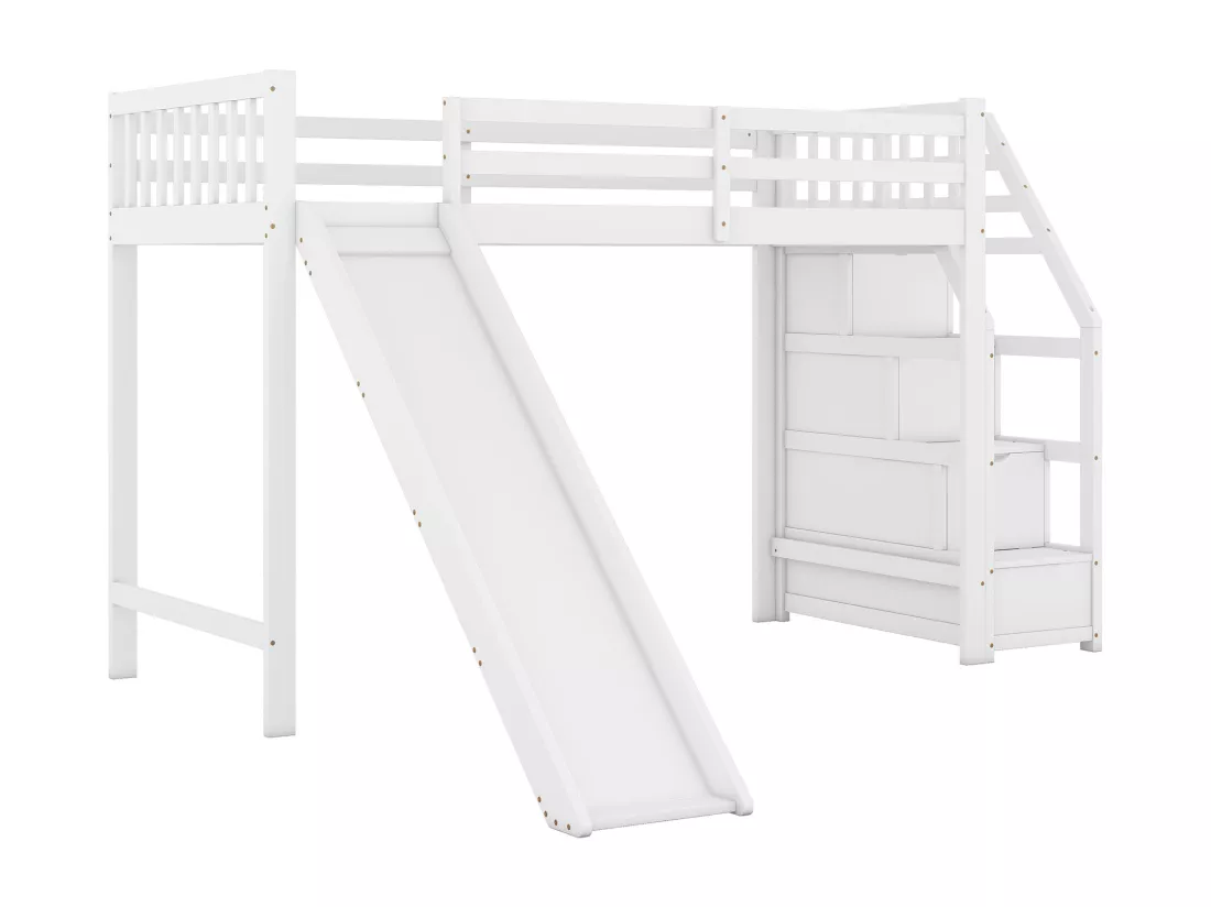 Lit mezzanine 90x200cm en bois de pin - avec toboggan et échelle de rangement - Blanc