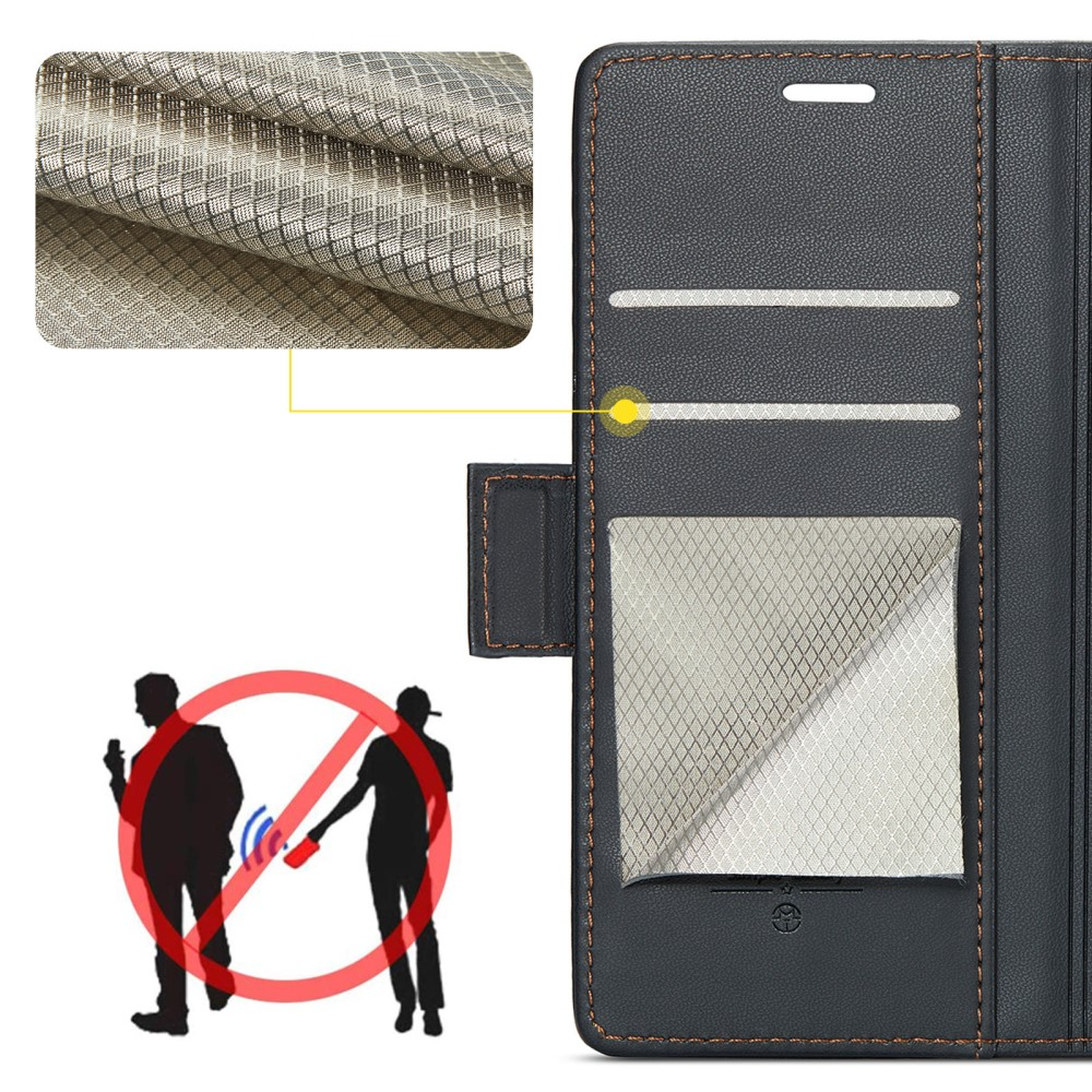 iPhone 16 Pro Max Leder Tasche Flip Wallet Etui mit Kartenfächern Litchi Look (RFID Schutz) - Schwarz