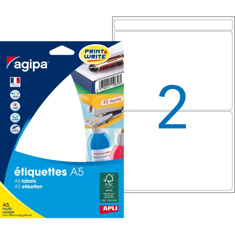 Etiquette adresse multi-usages 80 x 140 mm Agipa blanche - Pochette de 32