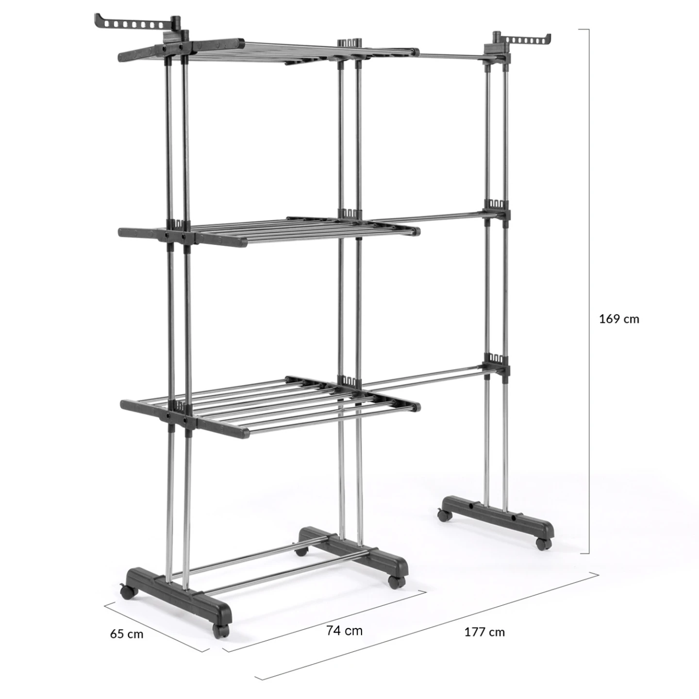 Séchoir à linge vertical pliable et extensible 3 niveaux GIGA capacité 27M avec ceintres et pinces inox et gris