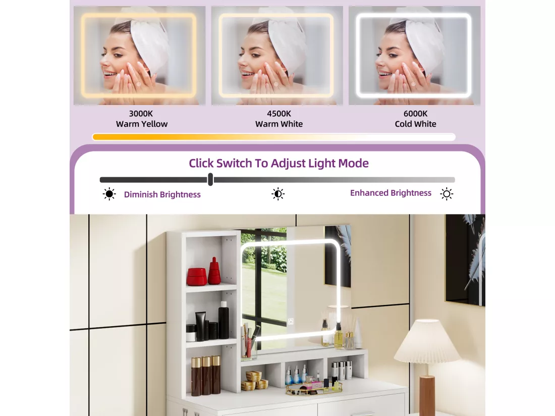 YITAHOME Coiffeuse avec Miroir et Éclairage - Commode Réversiblem avec 6 tiroirs - Luminosité Réglable - avec USB et prise RVB - Blanc