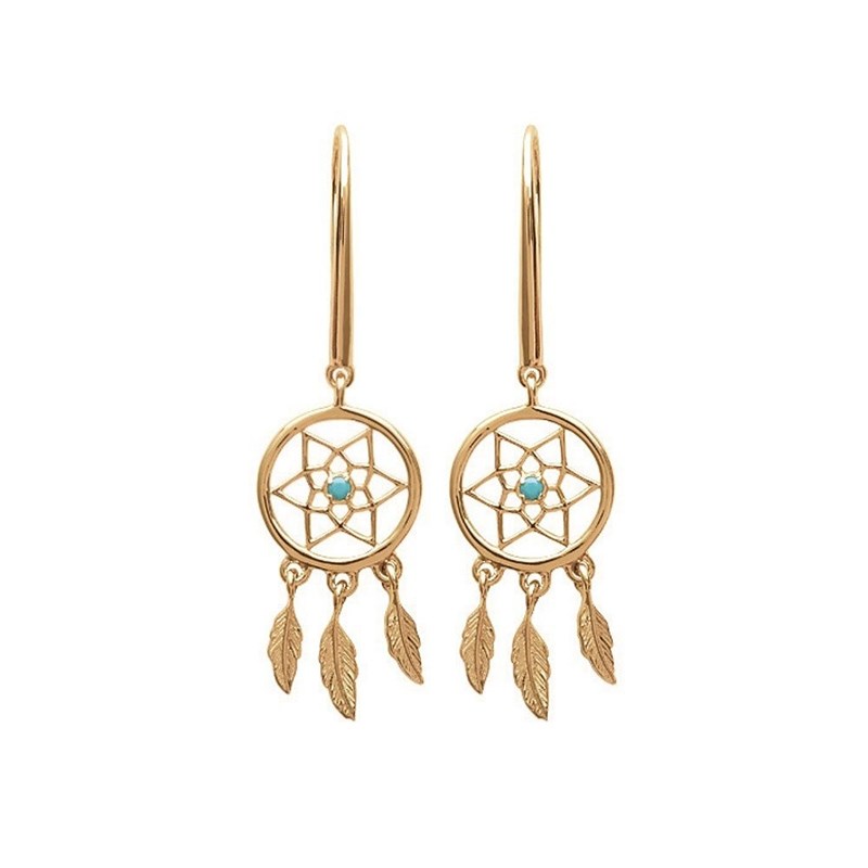 Boucles d'oreilles attrape-rêve perle bleu turquoise pendantes Plaqué OR 750 3 microns