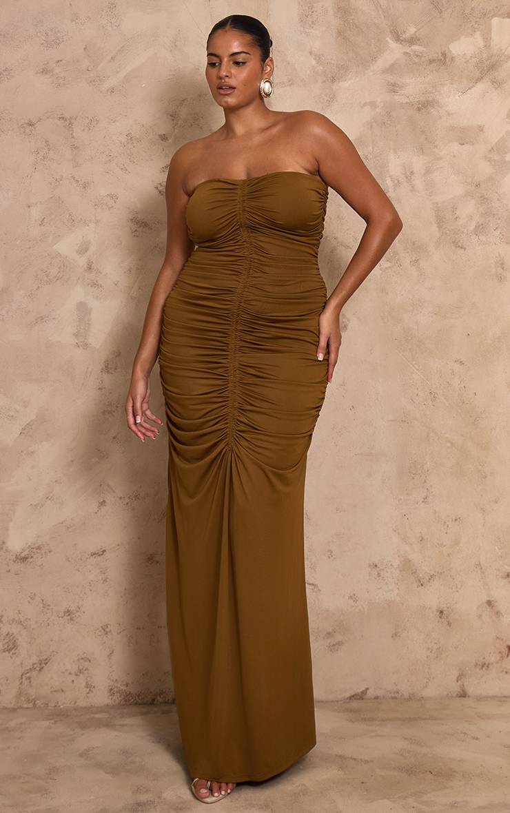 Vert Olive Robe Maxi Fourreau Bandeau Froncée En Jersey Fluide Plt Label Plus