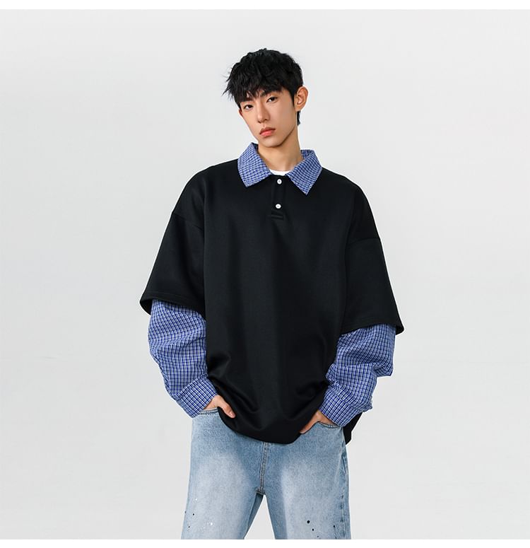 AXEN - Polo met verlaagde schouders en kraag, geruite, tweedelig sweatshirt