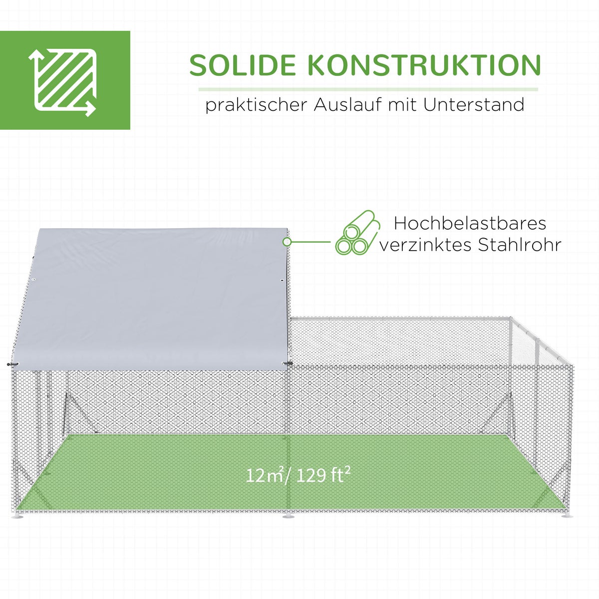 PawHut Kippenhok, Buitenren, 400 x 300 x 195 cm, Staal, Zilver