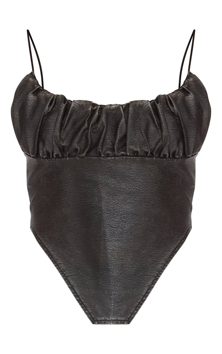 Marron Foncé Top Premium En Synthétiquecuir Lavé Avec Buste Froncé Et Ourlet Courbe