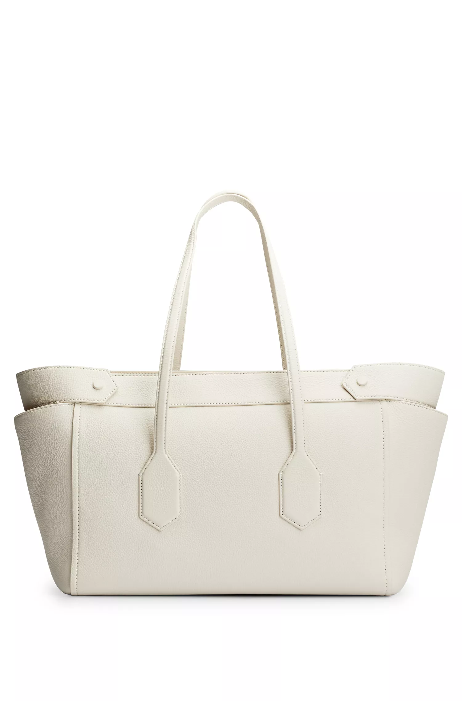 Bolsa tote preta BOSS em couro granulado com logotipo em relevo.