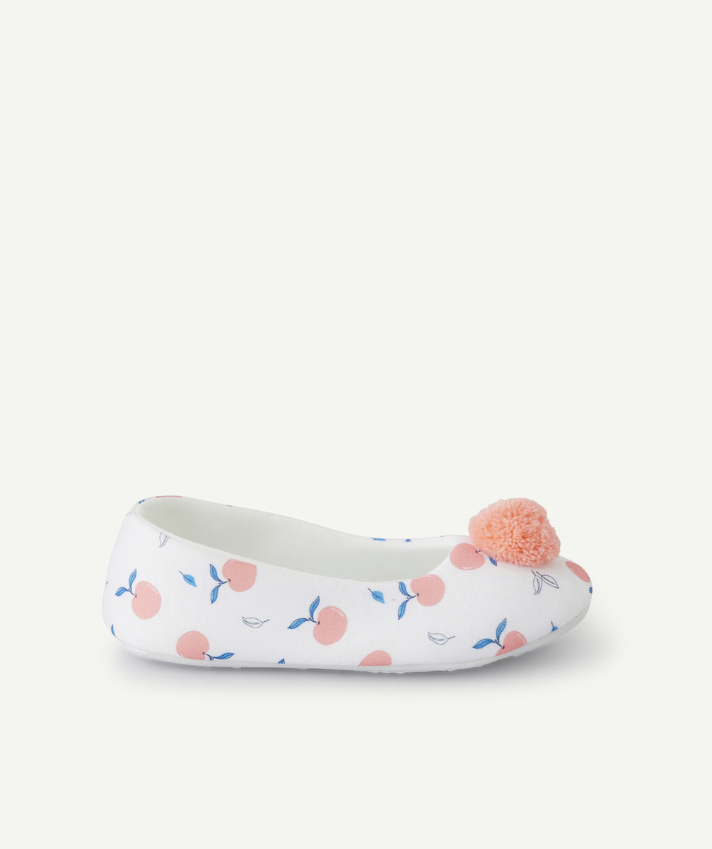 CHAUSSONS FILLE BLANC AVEC POMPON ROSE ET IMPRIMÉ FRUITS