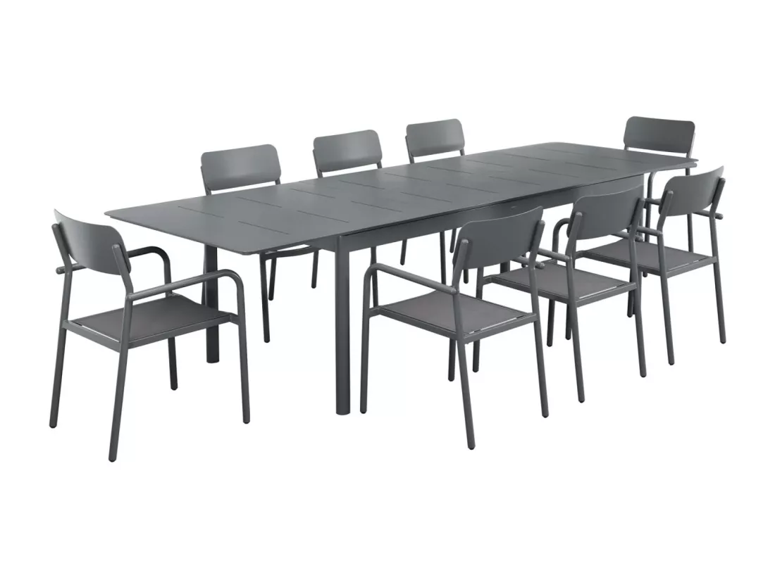 Table de jardin extensible aluminium + 8 assises anthracite. 8 fauteuils textilène. 210/300 x 100 x 75.5 cm
