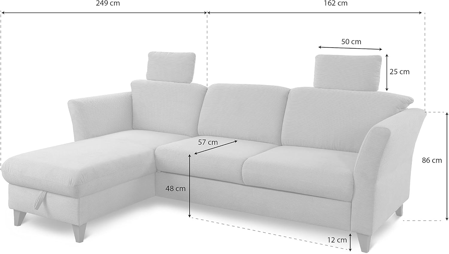 CAVADORE Eckcouch Trend / Skandinavisches Ecksofa mit Federkern, Longchair und zwei Kopfstützen / 249 x 86 x 162 / Cord, Olive