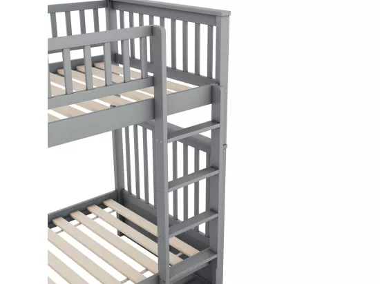Lit superposé 2x90x200cm avec un lit gigogne 90x190cm - avec garde-corps et escalier - Gris