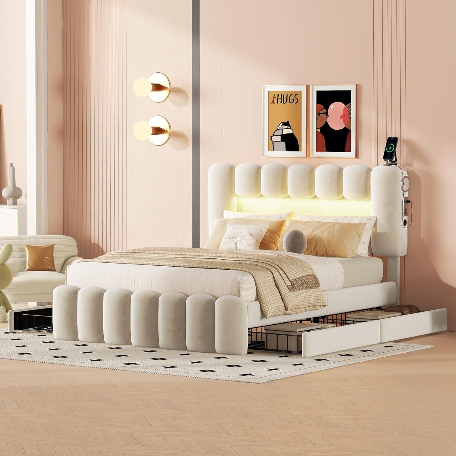 Merax Polsterbett 140x200cm mit LED-Beleuchtung & 4 Schubladen, Doppelbett mit Lattenrost und Höhenverstellbarem Kopfteil, Modern Bett mit USB und Stereoanlage, Samt, Jugendbett, ohne Matratze, Beige
