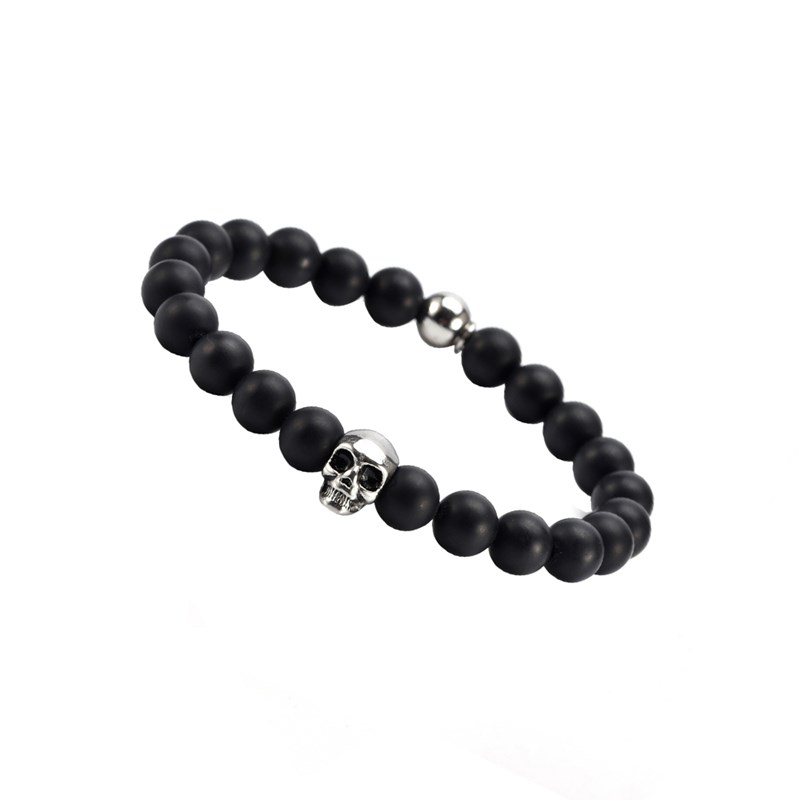 Bracelet Boules Noir Onyx Pierres Naturelles Tête De Mort-Medium-18cm