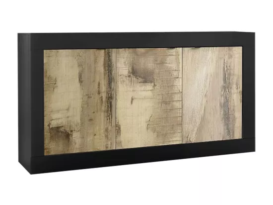 OTELLO - Buffet 3 Portes Finition Noir Mat et Aspect Bois Antik