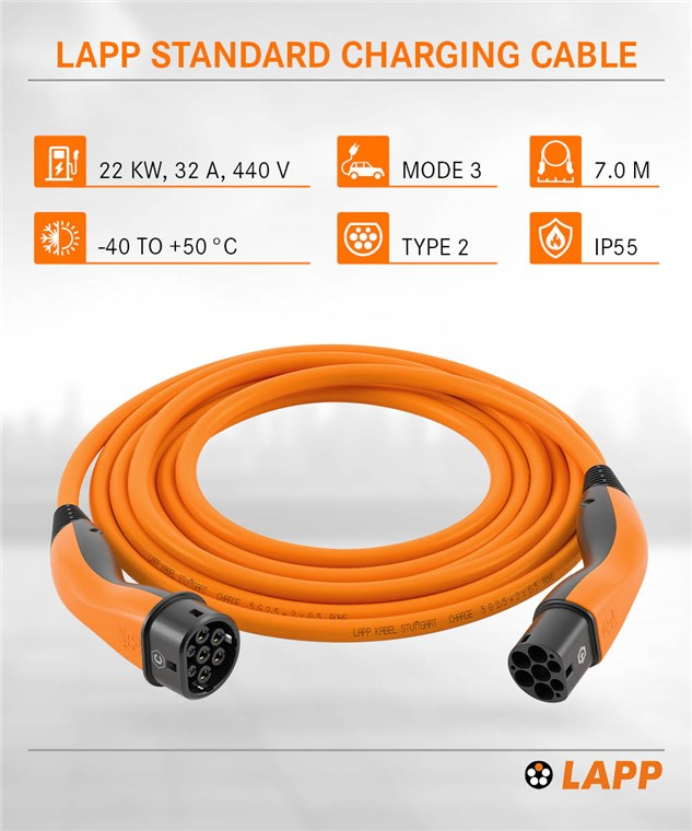 (7m) 22kW/32A Elektroauto Ladekabel 3-phasiges Stromkabel für Hybrid- / E-Autos mit Typ 2 Anschluss (5555934031) - Orange