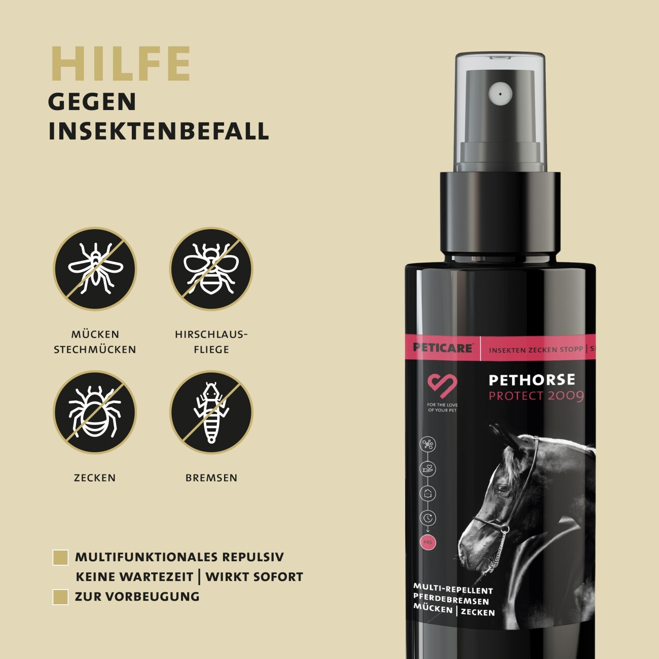 Peticare Anti-Insekten Spray für Pferde gegen Stechmücken Bremsen Mücken Moskito 100 ml