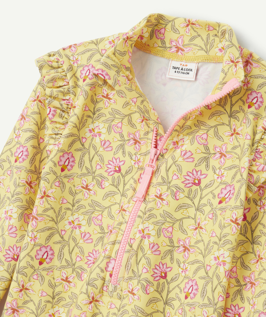COMBINAISON ANTI-UV FILLE EN FIBRES RECYCLÉES JAUNE AVEC IMPRIMÉ FLEURI