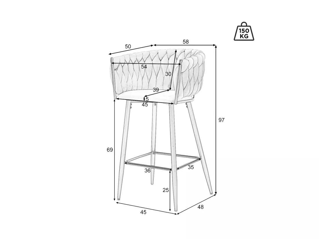 Lot de 2 Tabourets de bar - tissu en velours - pieds en métal - Marron