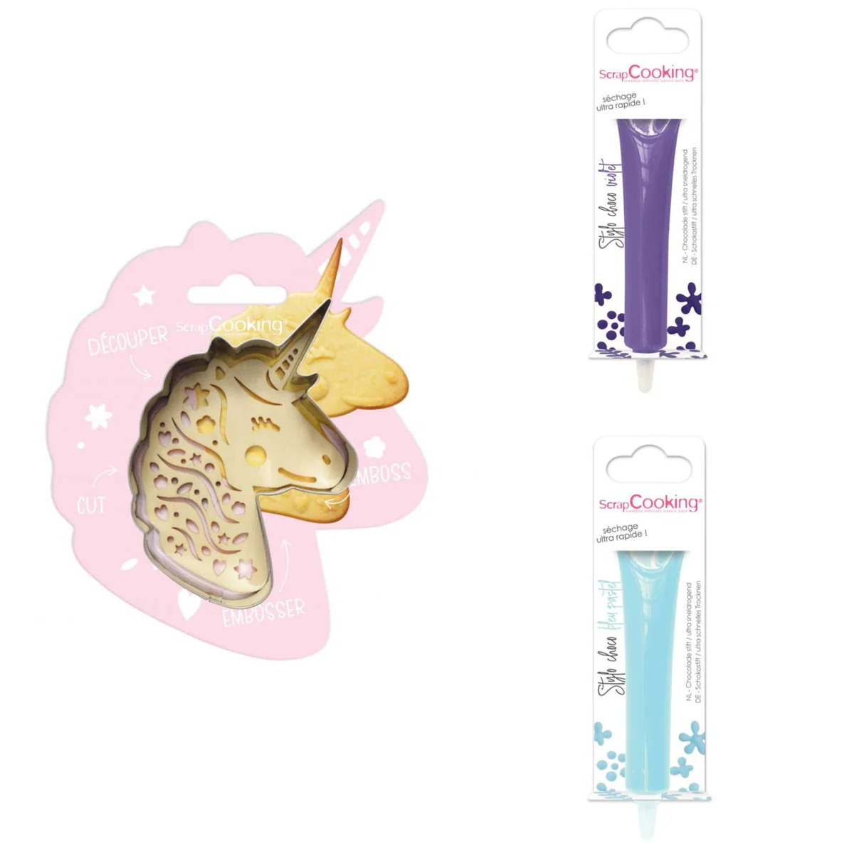 Kit pour biscuit en relief Licorne + 2 Stylos au chocolat violet et bl