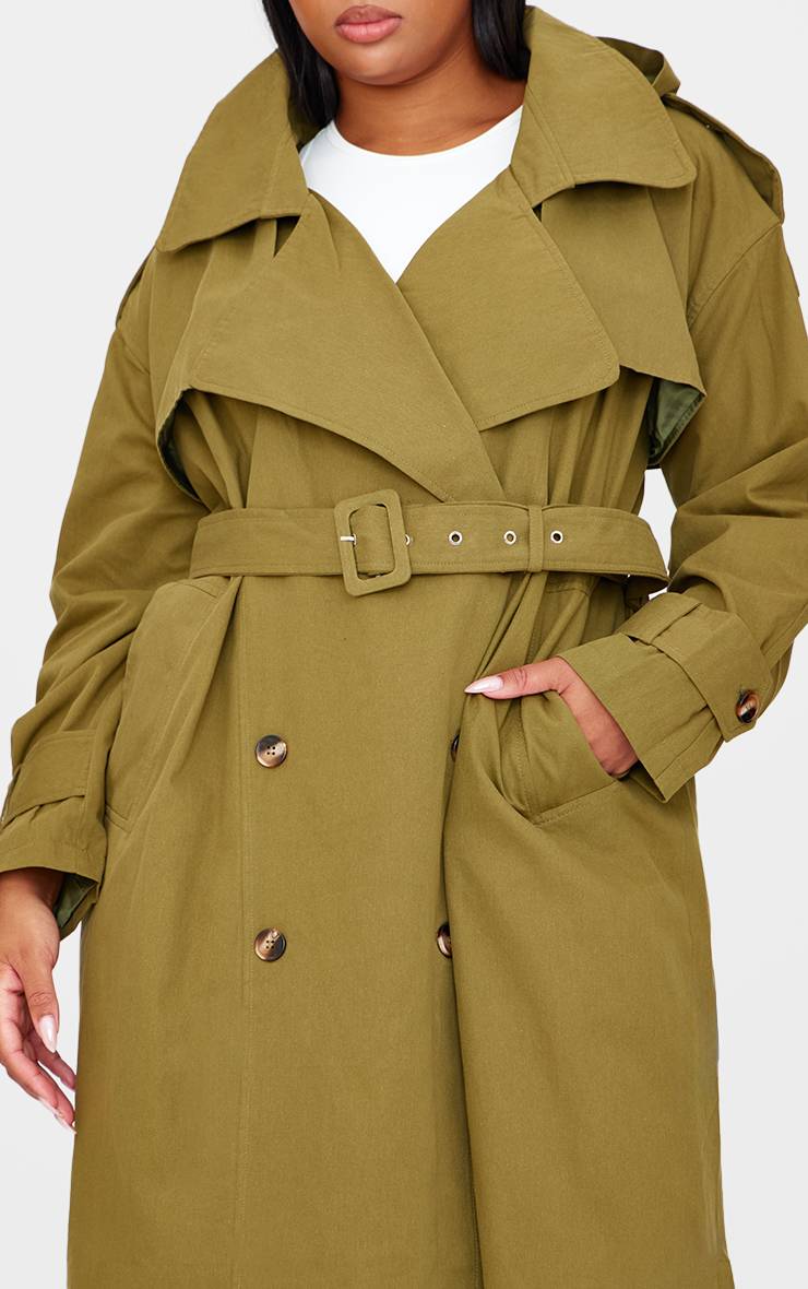 Kaki Trench-coat Oversize À Casynthétiqueche En Tissu Tissé Grande Taille