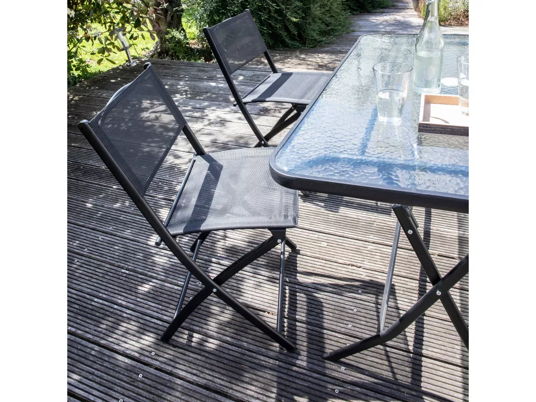 Table de jardin et 4 chaises pliantes en acier et verre noir