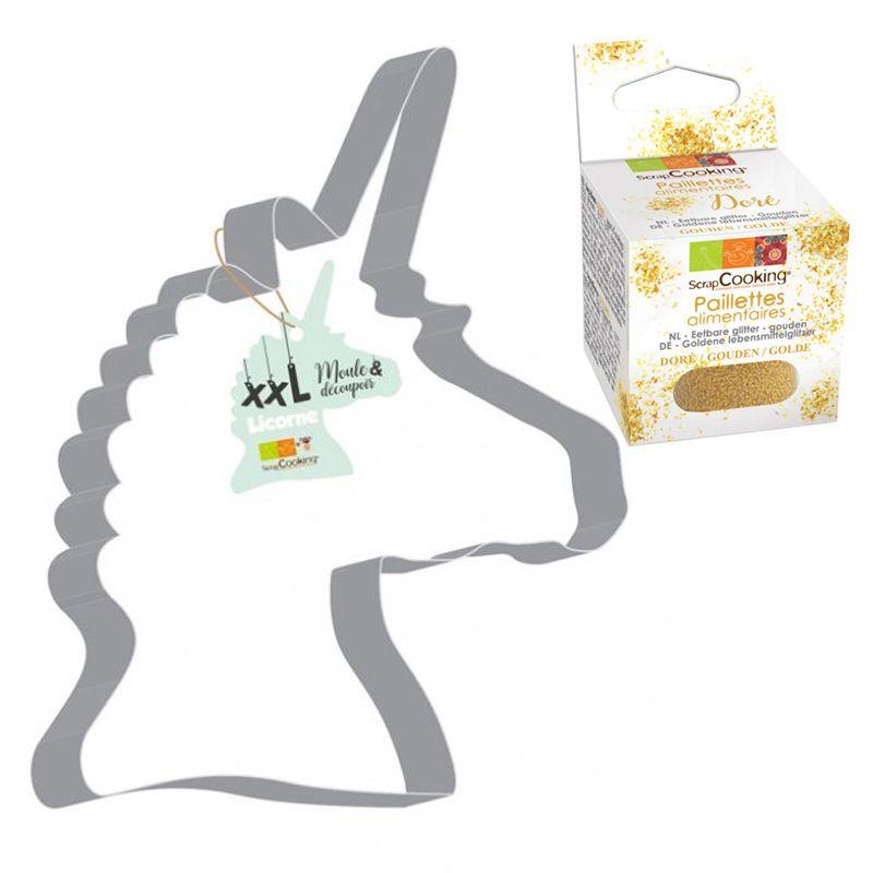 Découpoir à pâtisserie inox XXL Licorne + paillettes dorées Scrapcooki