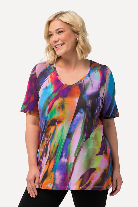 Longshirt, farbiger Druck, A-Linie, V-Ausschnitt, Halbarm