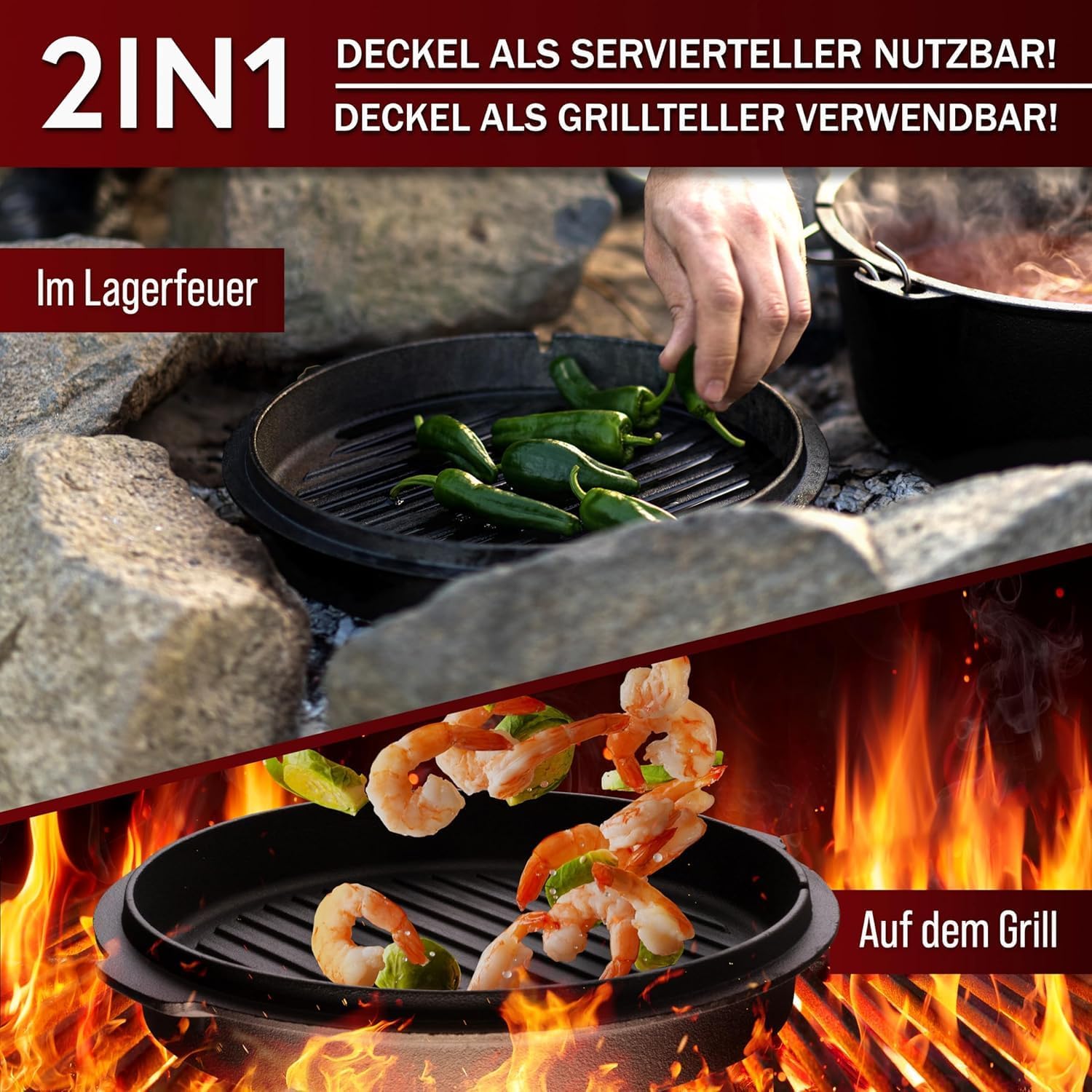 Dutch Oven Set 4,5 Liter [für 2–4 Person] – Eingebrannter Feuertopf mit Füße, inkl. praktischem Deckelheber, Ringreiniger, Pflegepaste, Bürste & Rezeptbuch – 30 Jahre Garantie