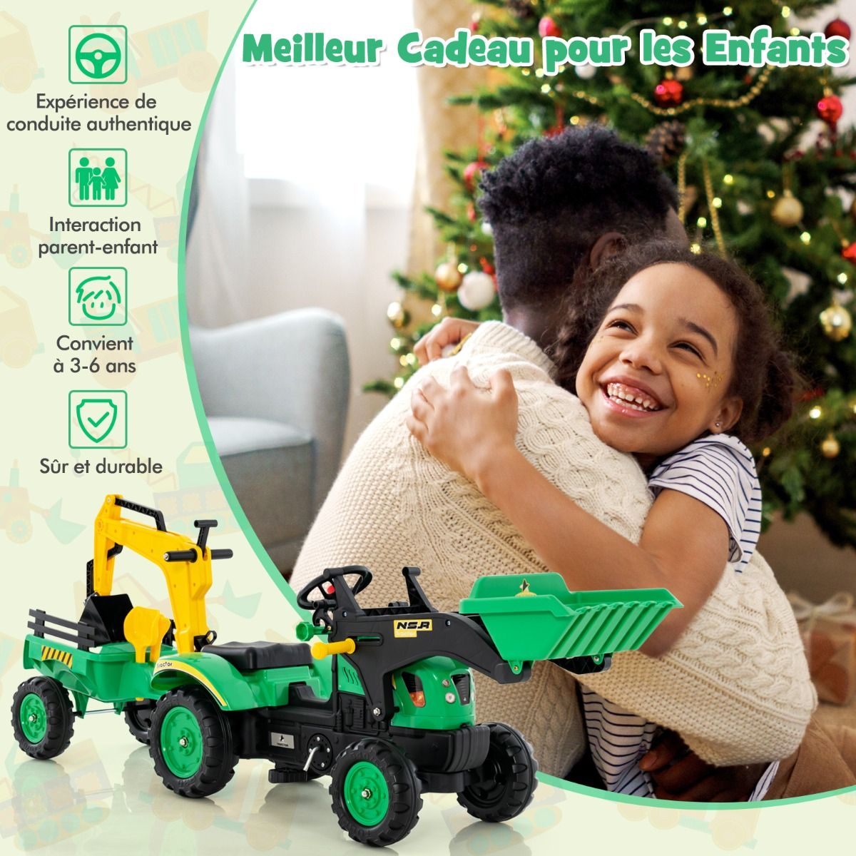 3 en 1 Tracteur pour Enfant avec 6 Roues Jouet Pelle Remorque Amovible avec Volant Klaxon 3 à 6 Ans Jaune/Vert - Lidl-Manfred