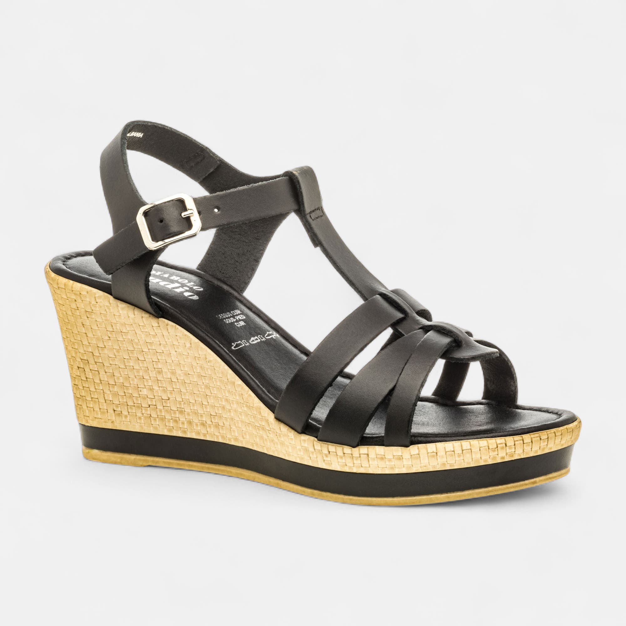 Nu-pieds à talon compensé Femme en cuir noir