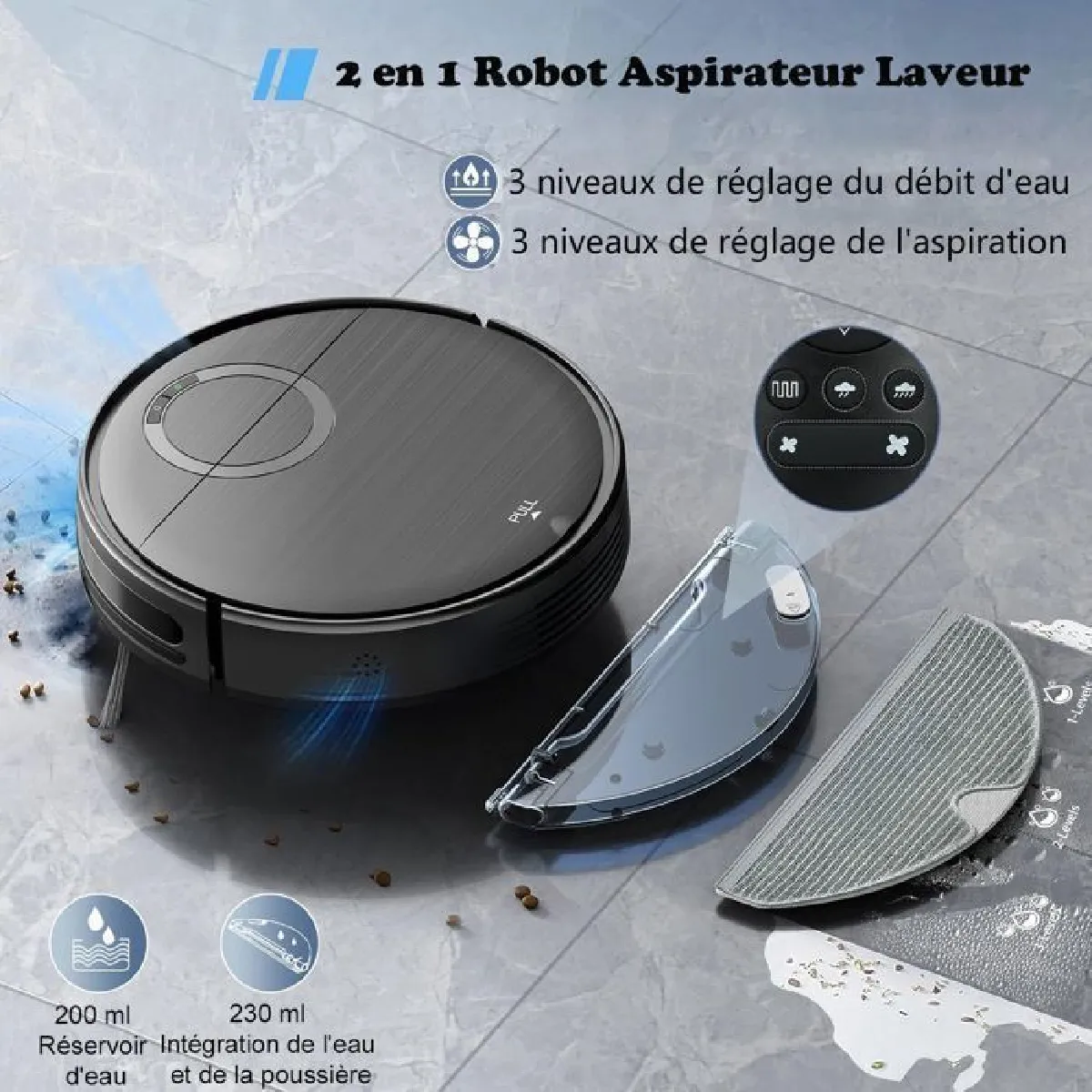 Teendow Robot Aspirateur, 2600MAH/180Min, 2 in 1 Aspirateur robot laveur avec Wi-Fi/application/télécommande