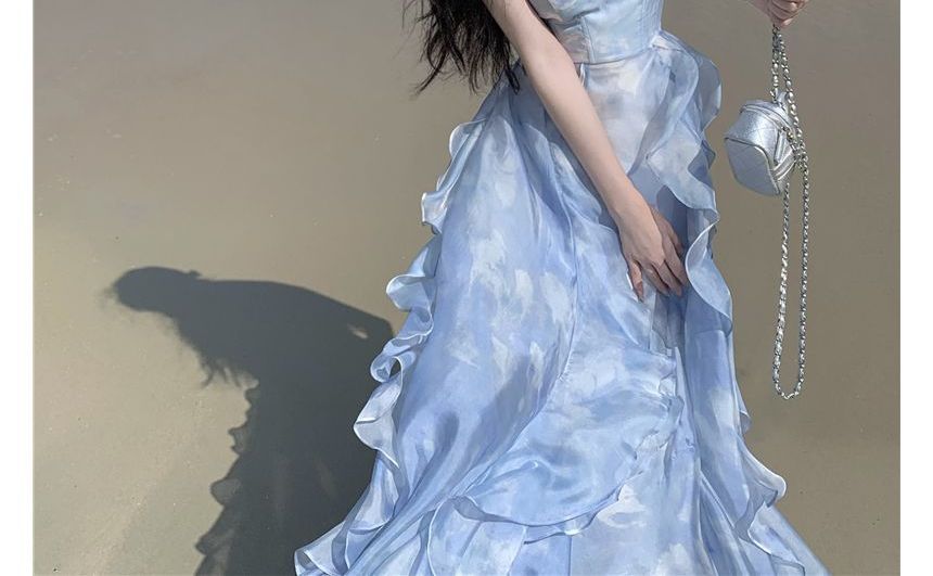 Yuxi - Spaghettibandjes Tie Dye Ruffle Maxi A-lijn Jurk