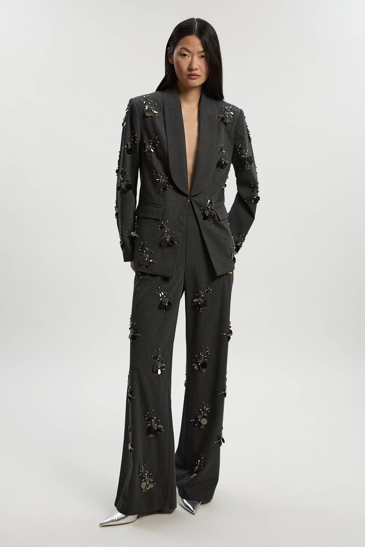 KarenMillen Pantalon Tailleur Large Orné de Sequins et Cristaux Cluster