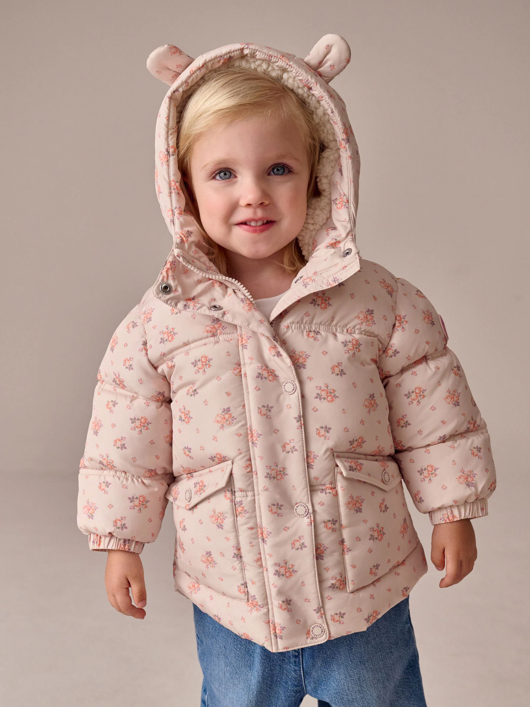 Crème Rose - Gewatteerde regenbestendige jas met print (3mnd-7jr