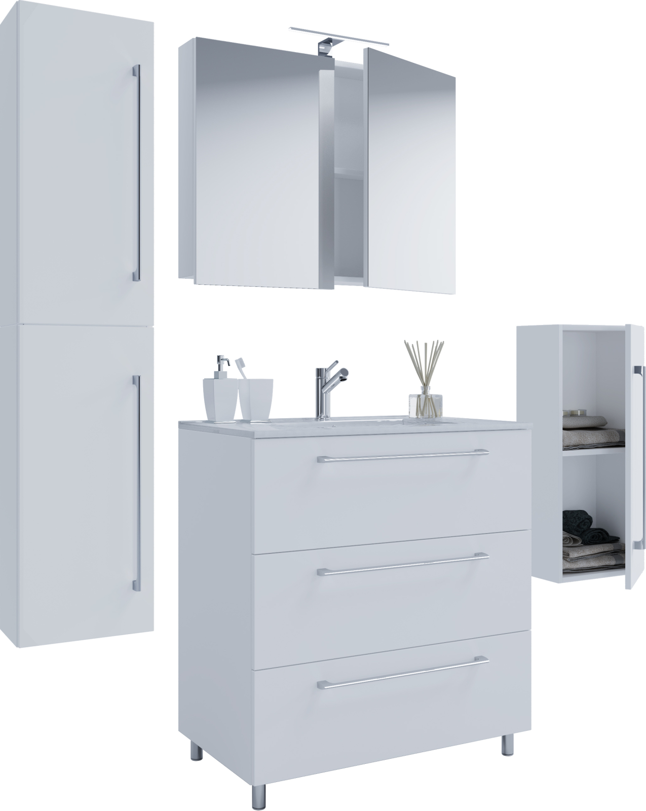 5-tlg. Badmöbel-Set BADINOS - weiß - mit Spiegelschrank - 80 cm