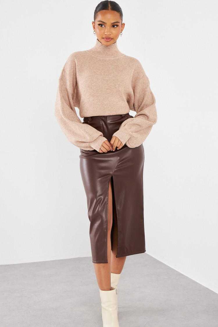 Jupe marron en simili cuir fendu