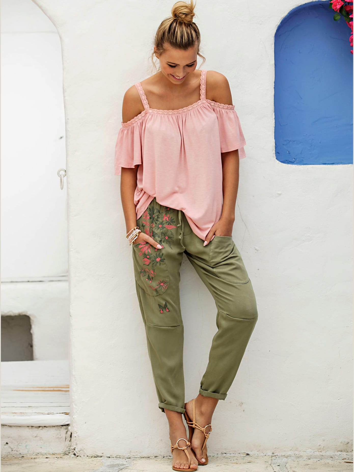 Pantalon décontractée imprimé fleurs et papillons